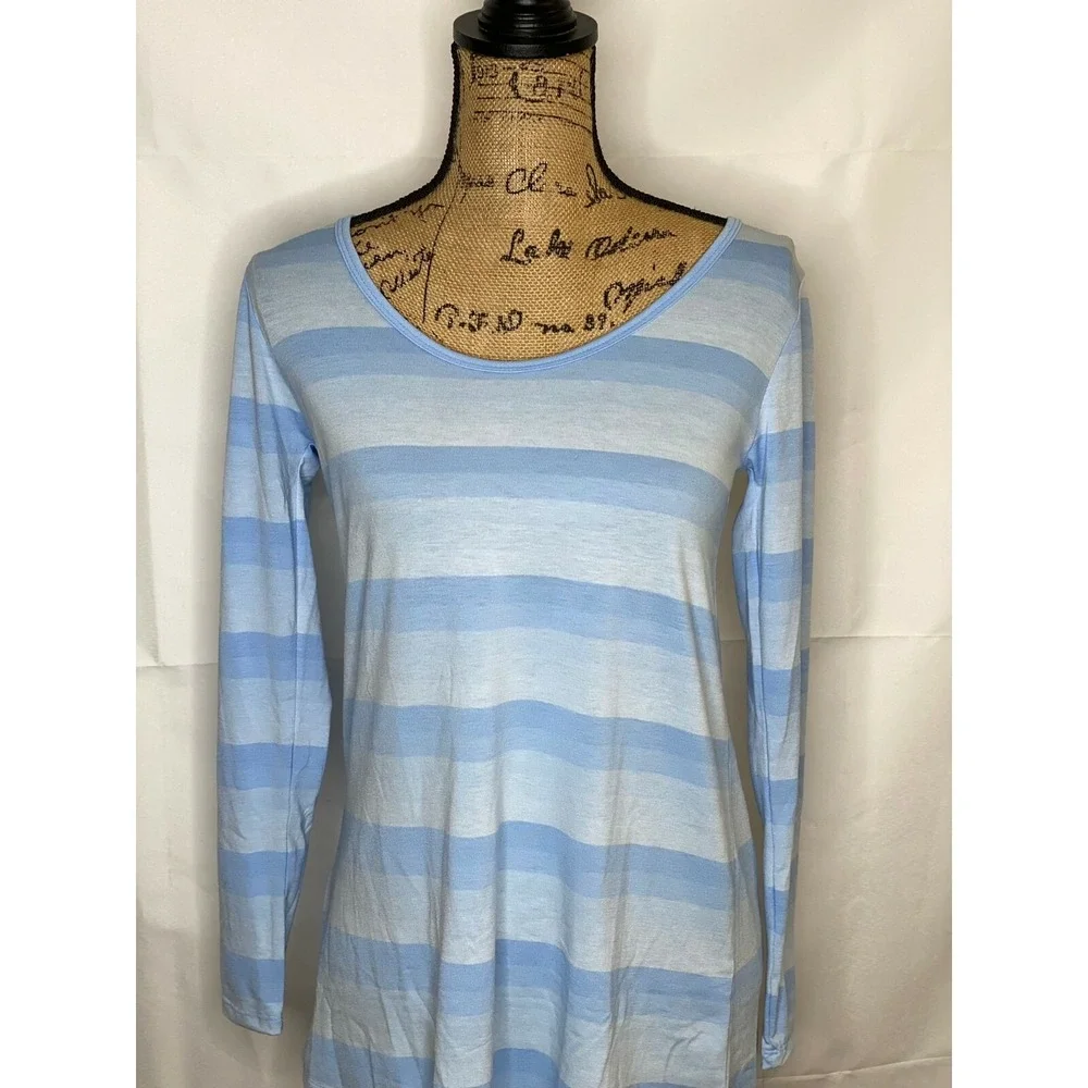 LuLaRoe Womens XXS Blue Striped Long Sleeve Scoop Neck Tunic Top Soft Knit